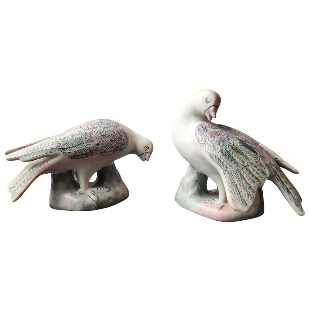 Pair 1950s Vintage Porcelain Dove Pigeon Bird Pastel 6" WBI China Painted Statue